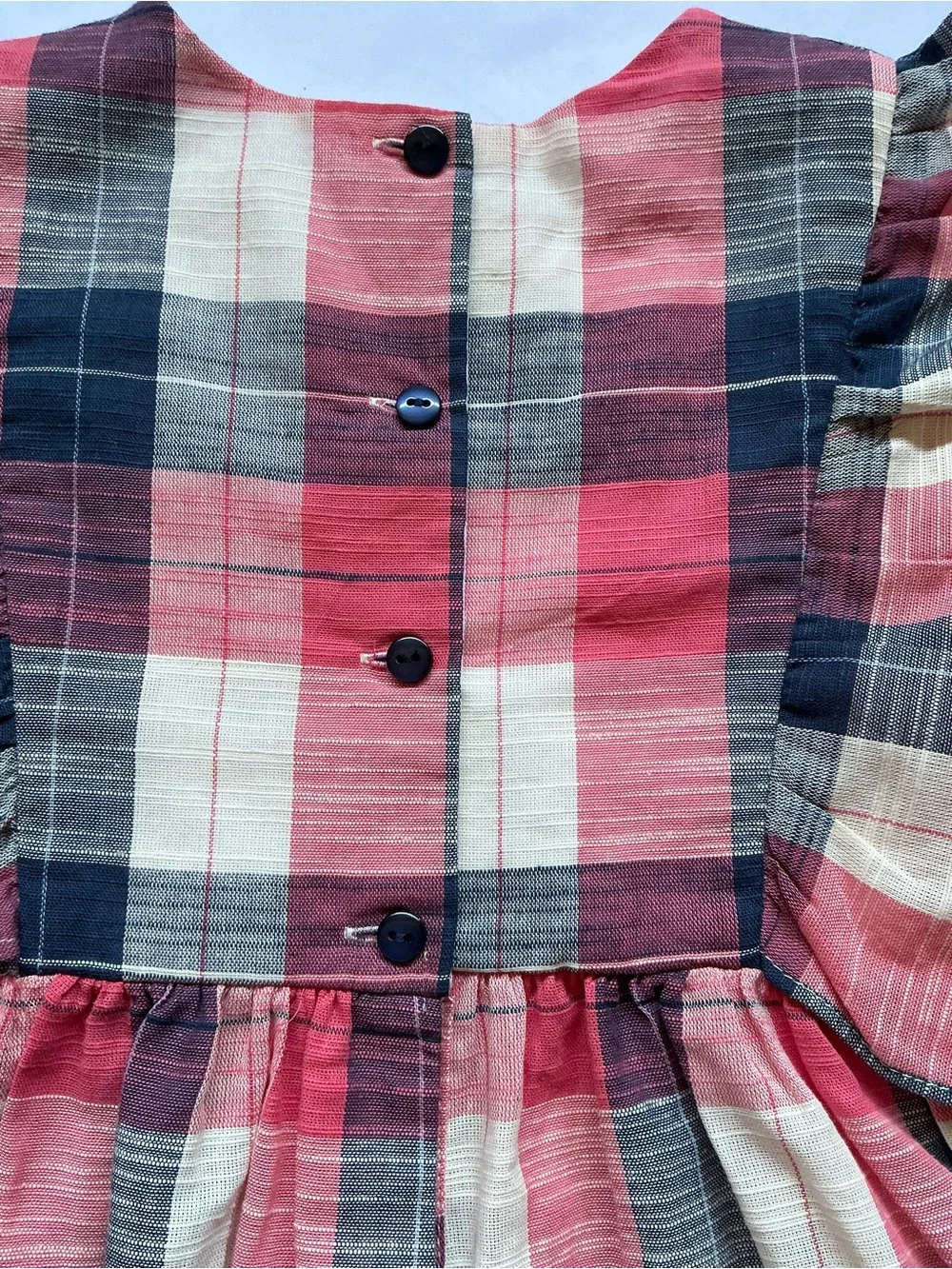 Bonnie Jean Plaid Flutter-Sleeve Dress in Coral, Navy and Cream